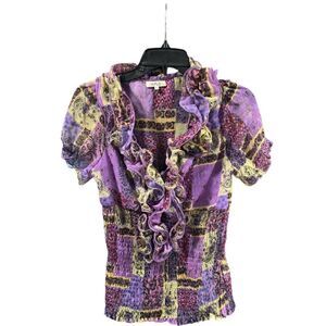 WOW!  H. FLO Vibrant short sleeve top Floral print with rosette Large GUC